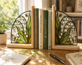 Handmade Lily Stained Glass Bookends, Unique Book Ends Gift for Book Lovers Gift, Floral Cottagecore Decor, Bee & Butterfly Book Stopper