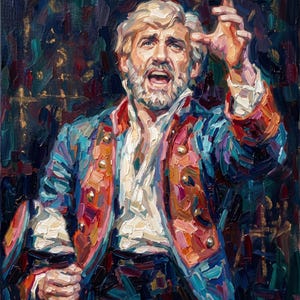 May include: An oil painting featuring a person with light hair and a beard, wearing a blue and red coat with gold buttons over a white shirt. The figure has one hand raised and the other clenched, set against a dark, textured, multi-coloured background.