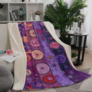 Boho Abstract Sherpa Blanket, Purple Patchwork Circles Throw, Bohemian Fleece Blanket For Living Room