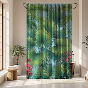 May include: A shower curtain featuring a vibrant tropical design. The curtain showcases large green palm leaves with a blue sky background. Red flowers are at the bottom. The curtain is hung in a bathroom with a window and plants.
