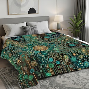 Puede incluir: Una manta rectangular con un fondo marrón oscuro y un patrón de mandala vibrante e intrincado en tonos verde azulado, turquesa y dorado. El diseño consta de líneas radiantes, motivos florales circulares y pequeños puntos.