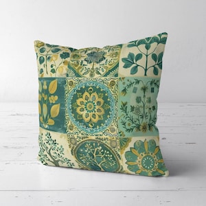 Moroccan Tile Throw Pillow Cover, Sage Green Geometric Boho Cushion, Farmhouse Botanical Patchwork