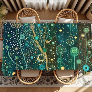 Könnte beinhalten: Eine rechteckige Tischdecke mit dunkelblaugrünem und grünem Hintergrund, verziert mit einem Muster aus abstrakten kreisförmigen Blumenformen, dünnen Stielen sowie verstreuten goldenen und weißen Punkten, die eine texturierte Optik erzeugen.