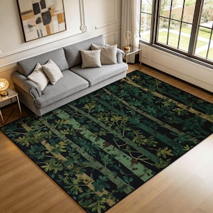 Forest Canopy Nature Woodland Rug, Botanical Carpet, Dark Rainforest Birch Trees