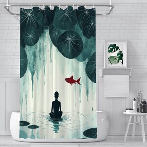 Tenda da doccia per meditazione zen, acquerello turchese, ninfee botaniche, silhouette di pesce rosso