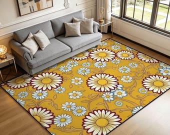 Groovy Flower Area Rug, Retro Daisy Carpet, 70s Floral Floor Rug, Mustard Yellow Botanical