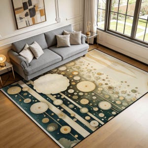 Abstract Circles Rug, Modern Living Room Floor Decor, Teal Cream Geometric Lines