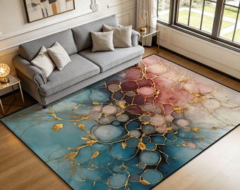 Teal Pink Rug, Abstract Area Carpet, Modern Organic Circles, Gold Veins, Contemporary Fluid Art