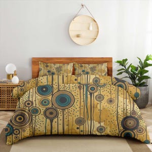 May include: A bedding set featuring a mustard yellow background with a pattern of dark brown and teal concentric circles connected by thin vertical lines, accented by scattered dark brown dots across the duvet cover and two matching pillowcases.