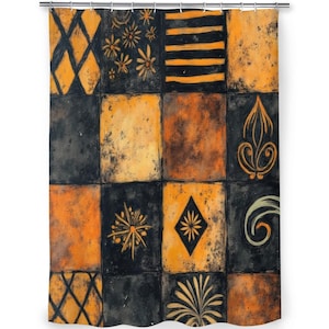 Abstract Patchwork Shower Curtain Burnt Orange Black Grunge Rustic Boho Bath