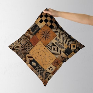 Patchwork Pillow Cover, Boho Cushion Cover, Tribal Geometric Tan Black Abstract Living Room