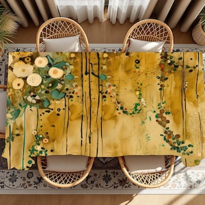 Abstract Floral Tablecloth, Mustard Botanical Dining Table Cover, Modern Boho Washable Table Linen