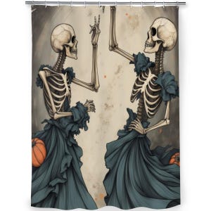 May include: A Halloween-themed shower curtain featuring two skeletons in dark blue dresses, each holding up a hand. The skeletons are set against a neutral background with orange pumpkins and a full moon.