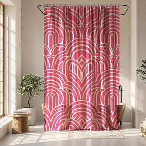 May include: A pink and cream Art Deco style shower curtain. The curtain features a repeating pattern of arched and geometric shapes. The design is in shades of pink and cream, creating a bold and stylish look for a bathroom.