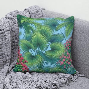 Palm Leaf Throw Pillow Cover, Tropical Botanical Cushion Cover, Sky Blue Retro Botanical
