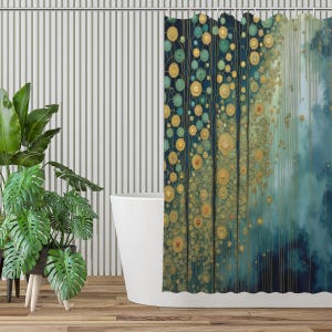 Gustav Klimt Extra Long Zasłona prysznicowa Abstrakcyjne Niebiańskie Pnącza Granatowy Wystrój Łazienki Sztuka
