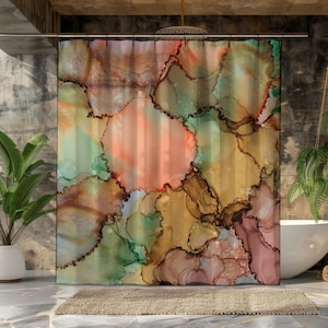 May include: A shower curtain featuring an abstract alcohol ink design with overlapping circular shapes in shades of peach, sage green, ochre, and deep brown. The pattern includes dark, intricate outlines around the edges of each color form.