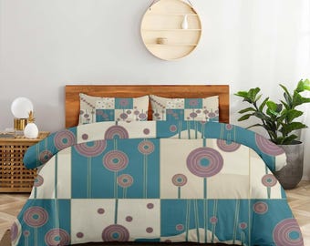 Scandinavian Bedding Set, Geometric Duvet Cover, Abstract Circles Stems, Teal Cream Mauve Sage