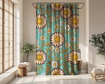 Retro Floral Shower Curtain Daisy Pattern Boho Blue Yellow