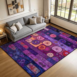 Purple Area Rug, Modern Geometric Carpet For Living Room, Pink Boho Floor Mat image 1