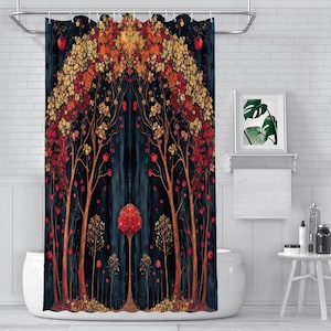 Extra Long Shower Curtain Symmetrical Dark Autumn Forest Arch Red Trees