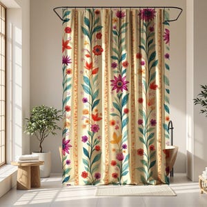 May include: A floral shower curtain with a cream background and vertical stripes. The design features colorful flowers in red, purple, and orange, with green leaves. The curtain is hanging in a bathroom with a window and plants.