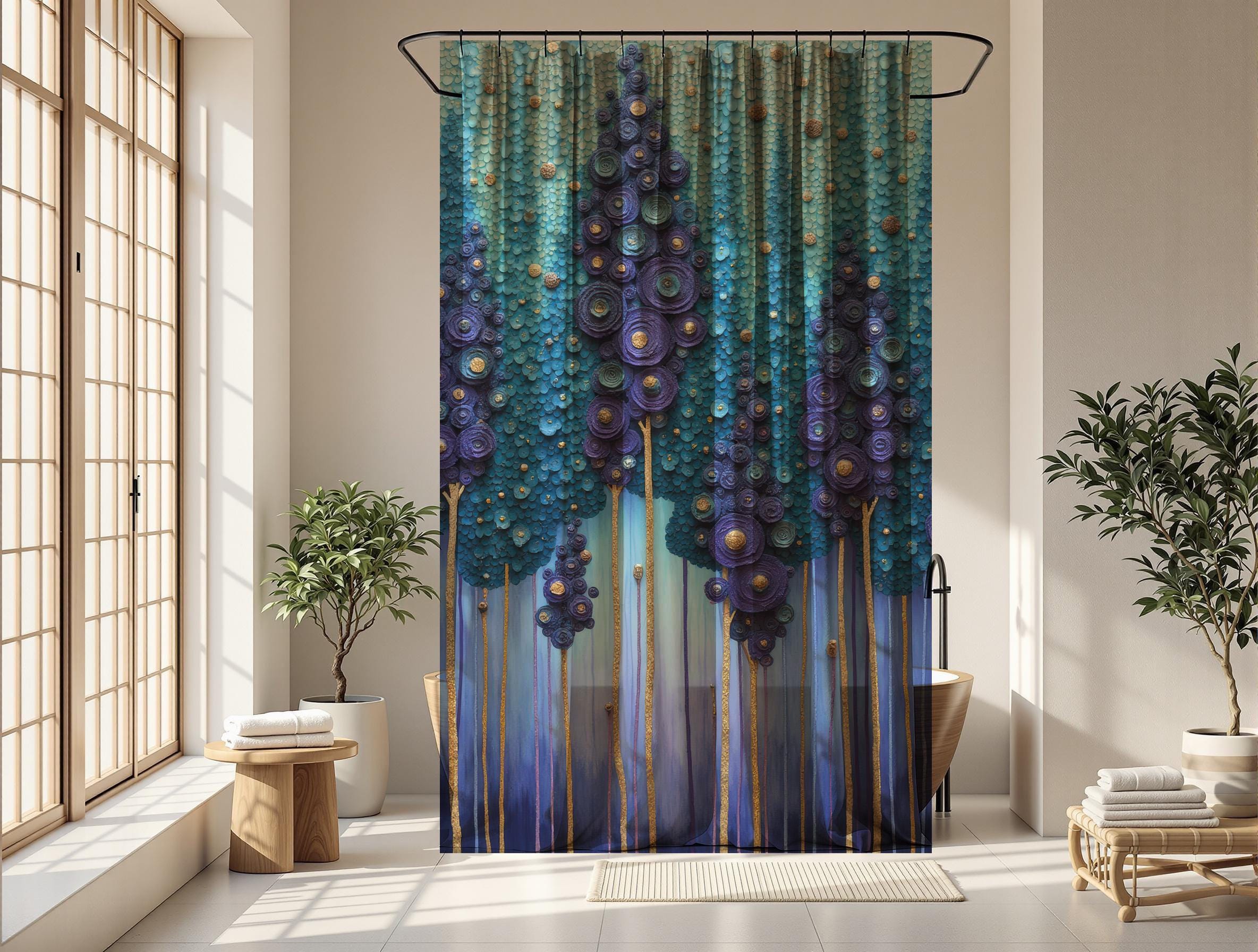 Mystical Forest Shower Curtain: Faux Impasto Abstract Trees, Teal Purple Gold Decor