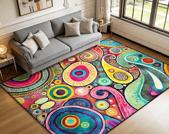 Bohemian Area Rug Colorful Abstract Circle Pattern Maximalist Living Room Decor