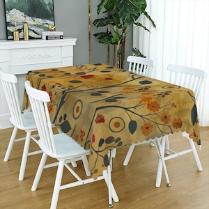 Abstract Floral Tablecloth, Mustard Mid-Century Modern Dining, Scandinavian Folk Table Linen