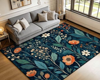 Orange Floral Area Rug, Navy Botanical Carpet For Living Room, Dark Modern Floor Decor