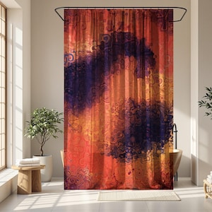 Psychedelic Shower Curtain Abstract Swirling Boho Retro Burnt Orange Deep Purple Bathroom Bath
