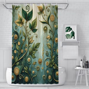 Tenda da doccia extra lunga con motivi botanici, stile Art Déco, con fiori rampicanti e decorazioni bagno massimaliste.