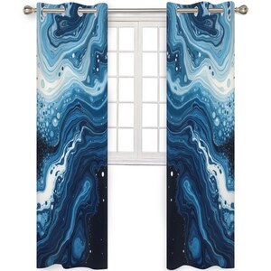Cortinas azul oscuro con estampado de mármol, arte fluido y geoda de ágata.