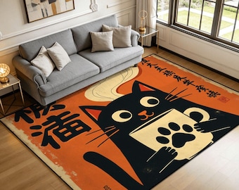 Black Cat Gold Coin Rug | Japanese Lucky Folk Art | Whimsical Cat Lover Decor