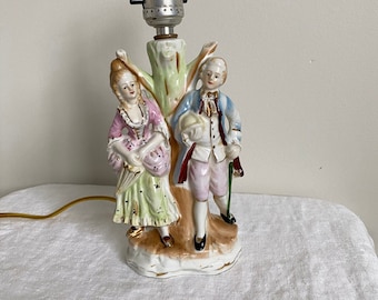 French Courting Scene Boudoir Lamp- Vintage Antique- 1950's- Pastel Colors- Made in Japan- Porcelain- Romantic Couple Rococo Style