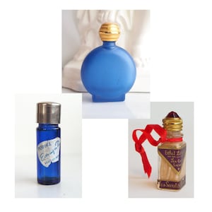 Lot Miniature Perfume Bottles- Three (3) Vintage Antique- Blue Murano Glass- Made in Italy- Evening in Paris, Ethel Lea-nore Small Size