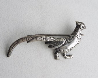 Art Deco Sterling silver Pheasant Brooch Pin-  Mexico Taxco- Bird- Long Tail- RARE Vintage Antique-Fall Thanksgiving Autumn- Bird lover gift