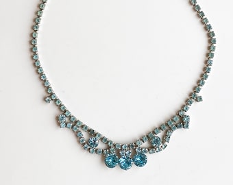 Vintage Aqua Blue Rhinestone Necklace- Silvertone- pale blue- Choker Length- 14-1/2 inches- pastel blue- prong set- prom formal antique