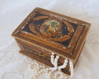 19th Century Courting Scene Embossed Tin, Velvet, Silk Jewelry Box Casket- Victorian Sewing Box- Display box- 1800's French