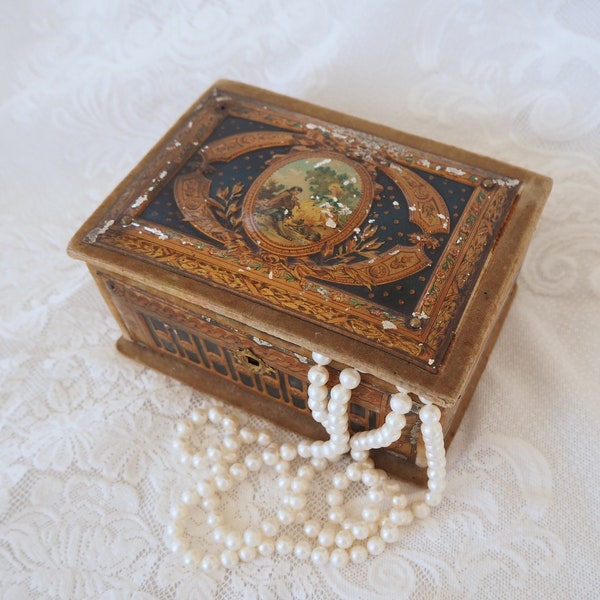 19th Century Courting Scene Embossed Tin, Velvet, Silk Jewelry Box Casket- Victorian Sewing Box- Display box- 1800's French