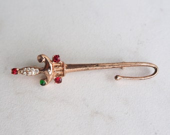 Vintage Coro Sterling silver Vermeil Sword Brooch Pin- Antique- Mid Century- Signed- Missing Rhinetones- Saber, Rapier, Long Sword, Hook