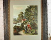 Framed Lithograph- No. 1808 copyright 1905 by McLoughlin Bros. NY- Electro-Grain Gravure- Boy and Girl- Antique Carved Wood Frame- Large