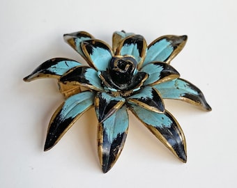 Vintage Enamel Flower Brooch Pin- Made in Austria- Gold Plated- Blue Black Gold- Spider Shaped Flower- Lifelike- Mid Century Antique- 1940s