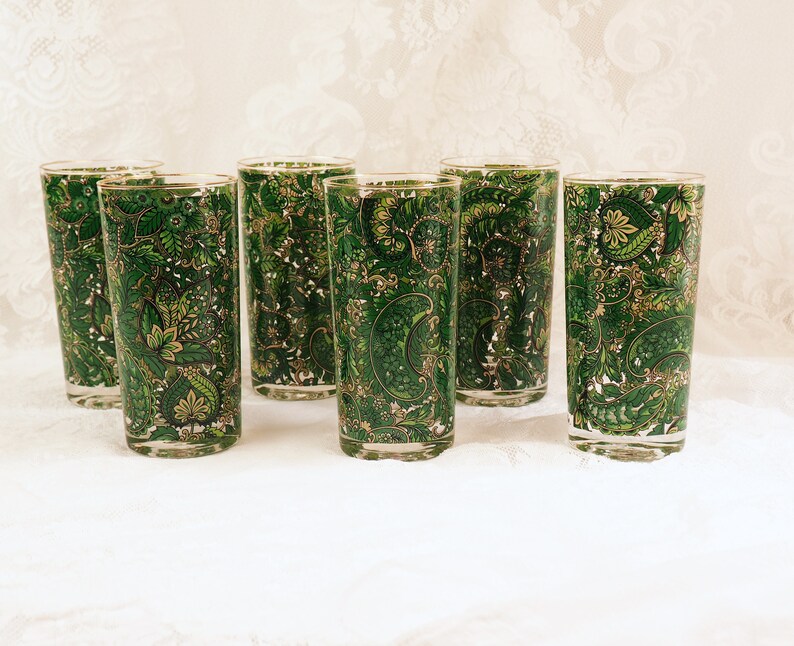 Vintage Green Paisley Embossed Drinking Glasses Glass Etsy