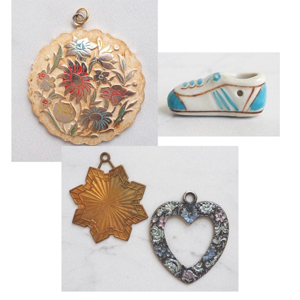 Vintage Jewelry Supplies- Eloxal Pendant- Made in West Germany- Set of Four pendants- Running shoe porcelain- Heart- Star- Aluminum-Necklace