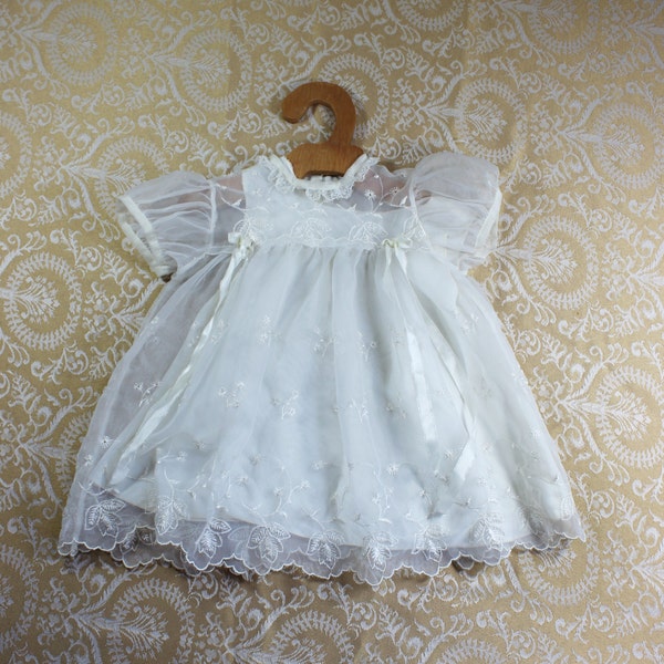 Antique Baby Dress- Christening Gown- Ivory Chiffon/ Organza Lace & Slip- Carol Joy- Embroidered, Scalloped Hem- Vintage- Handmade hanger
