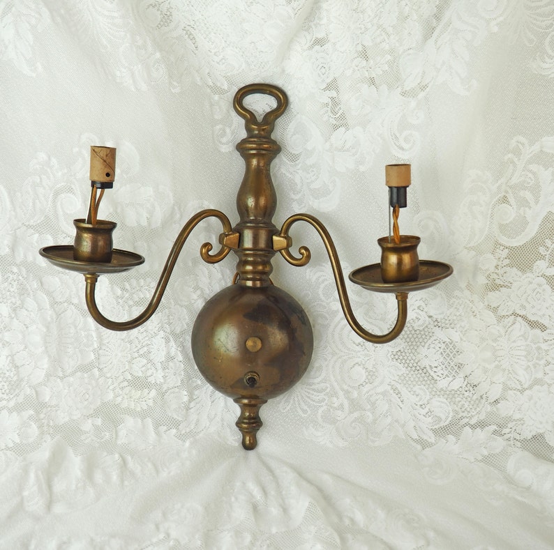 Antique Brass Wall Sconce Electric With Two Arm Candelabra Early American English French Style Rustic