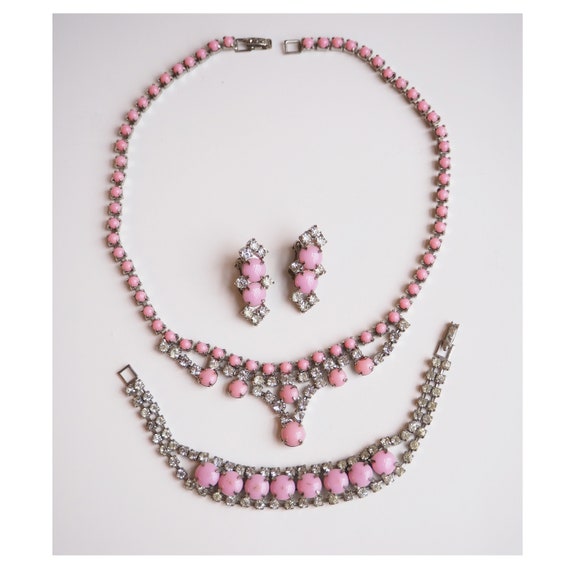 Pink Milk Glass Rhinestone Parure Jewelry Set- Ne… - image 1