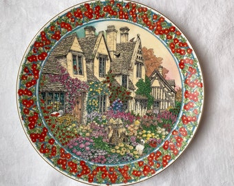 Gloucester October Cottage Gardens by Sue Scullard, Royal Worcester Salad Plate, Fine Bone China, Made in England, 8.5 inch, 1991 Vintage