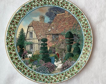 Kent December Cottage Gardens by Sue Scullard, Royal Worcester Salad Plate, Fine Bone China, Made in England, 8-1/2 inch, 1991 Vintage
